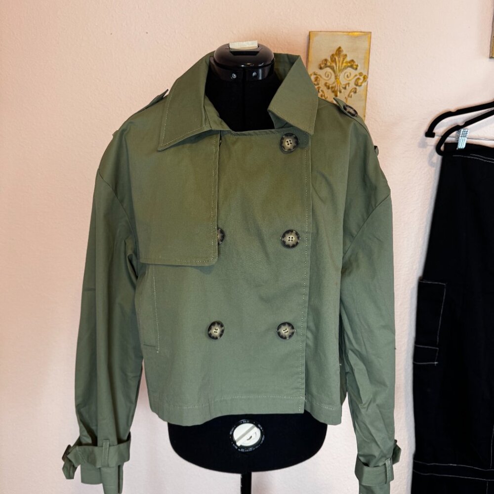 Minimalist Capsule Iris Olive Cropped Double Breasted Cotton Trench Medium - Picture 4 of 13